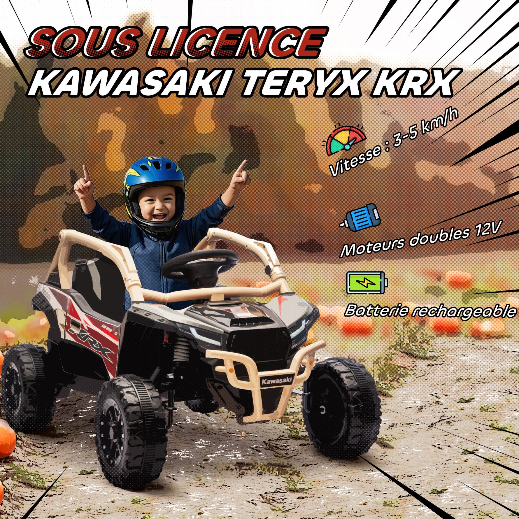 Voiture électrique enfant UTV KAWASAKI TERYX KRX 1000 12 V à 2 moteurs 25 W télécommande 2,4 Ghz 100 x 64 x 56 cm jaune