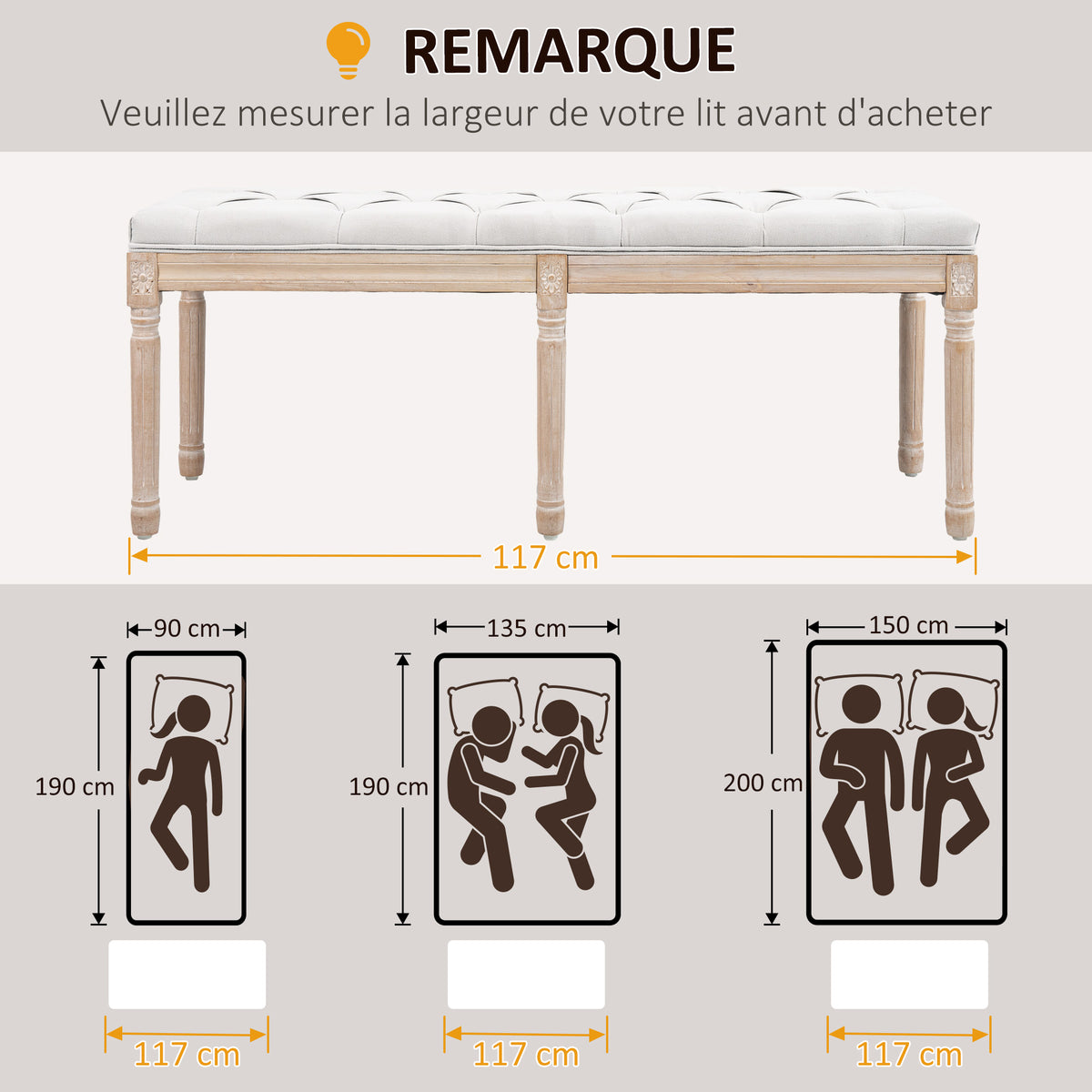 Banc bout de lit banquette capitonnée style vintage français revêtement tissu aspect lin pieds en bois massif crème