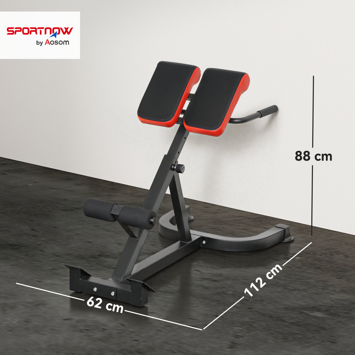 Banc de Musculation Réglable 5 Niveaux, Chaise Romaine avec Rouleaux en Mousse Dense, 112 x 62 x 88 cm, Noir et Rouge