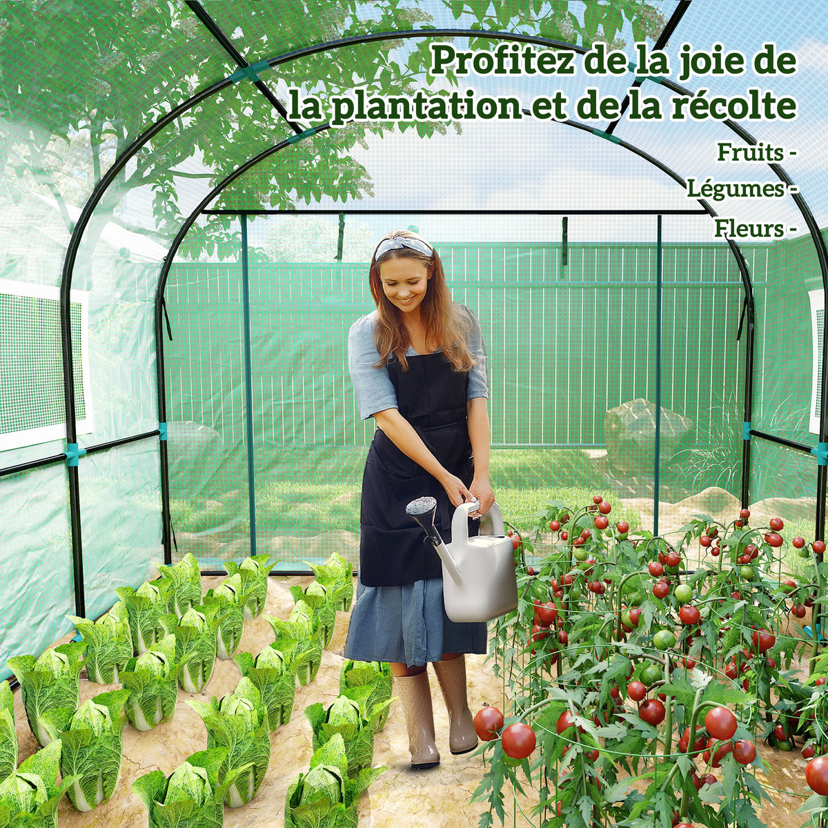 Serre de jardin serre tunnel de jardin 9m² PE Haute densité 135 g/m², avec 2 portes zippées 300 x 300 x 200 cm, vert