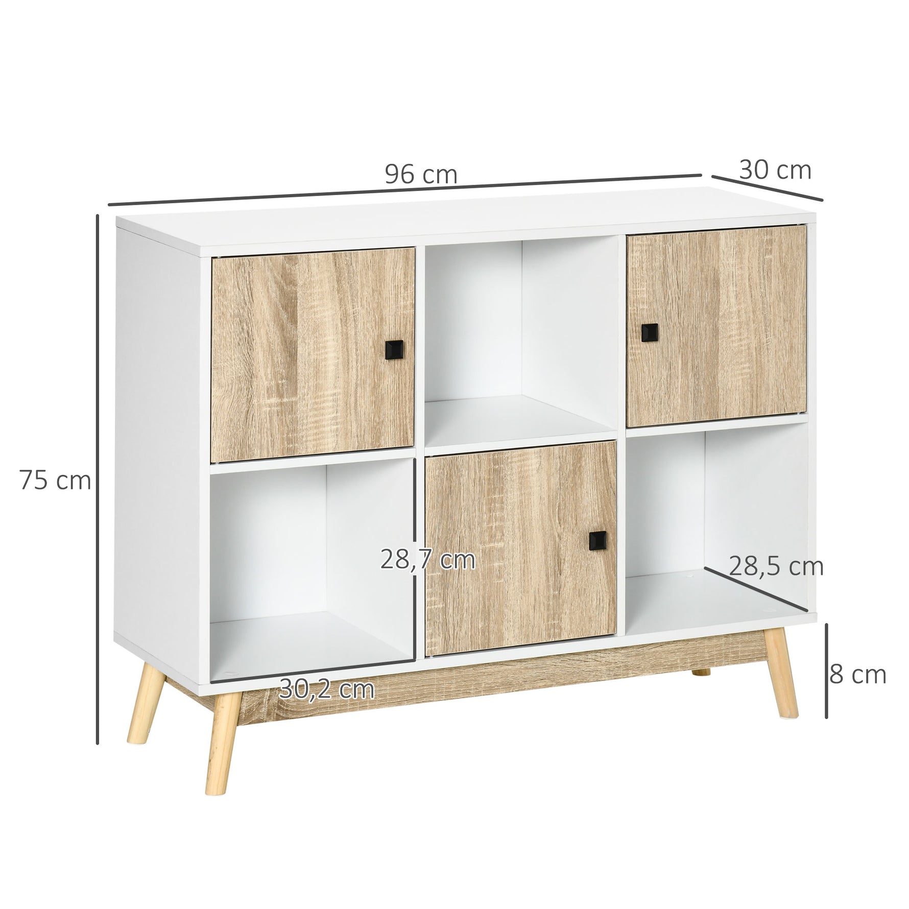 Buffet Salon, Meuble de Rangement 9 Cubes avec 3 Portes et 3 Compartiments Ouverts, Pieds en Bois de Pin, Style Moderne, Buffet Salle à Manger, Cuisine, 96x30x75cm, Blanc et Naturel