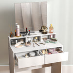 Tocador con espejo, mesa de maquillaje con 2 cajones y 3 compartimentos, estilo moderno, 75 x 38 x 135 cm, blanco