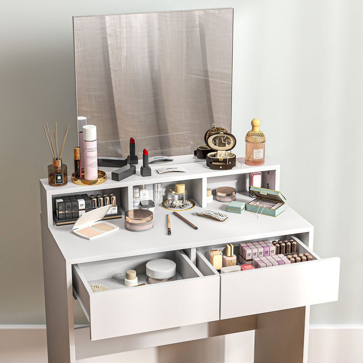 Tocador con espejo, mesa de maquillaje con 2 cajones y 3 compartimentos, estilo moderno, 75 x 38 x 135 cm, blanco