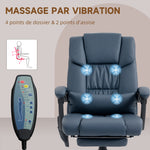 Fauteuil de bureau massant, repose-pied, hauteur réglable, dossier inclinable, télécommande filaire, 66x75x122cm, bleu
