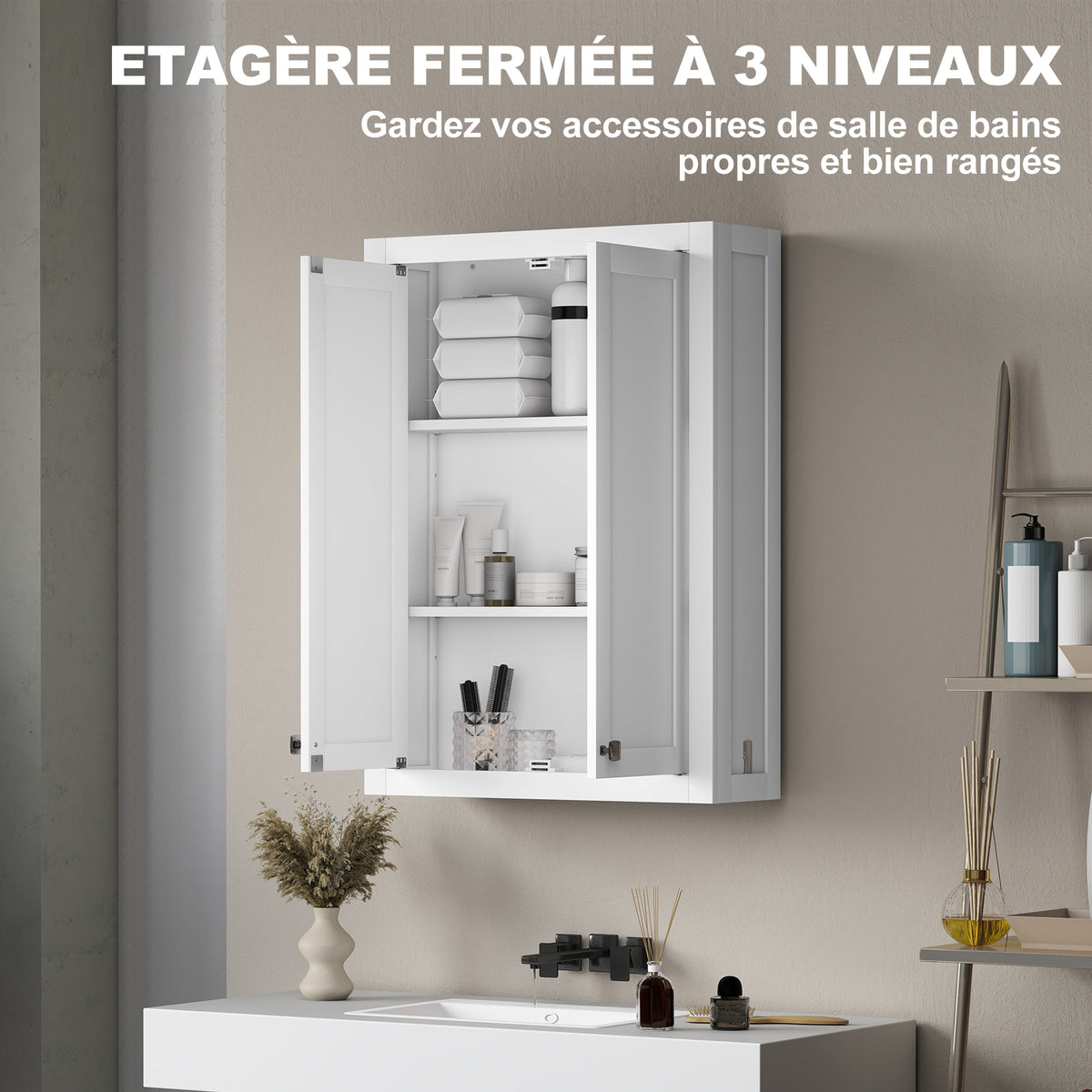 Armoire murale de salle de bain 3 niveaux, meuble de rangement suspendu  2 portes étagère réglable 61 x 20 x 84 cm blanc