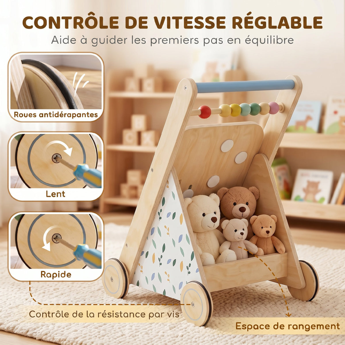 Trotteur Bebe en Bois, Chariot de Marche Bébé avec Centre d'Activités, Vitesse Réglable et 5 Blocs, dès 18 Mois, Naturel