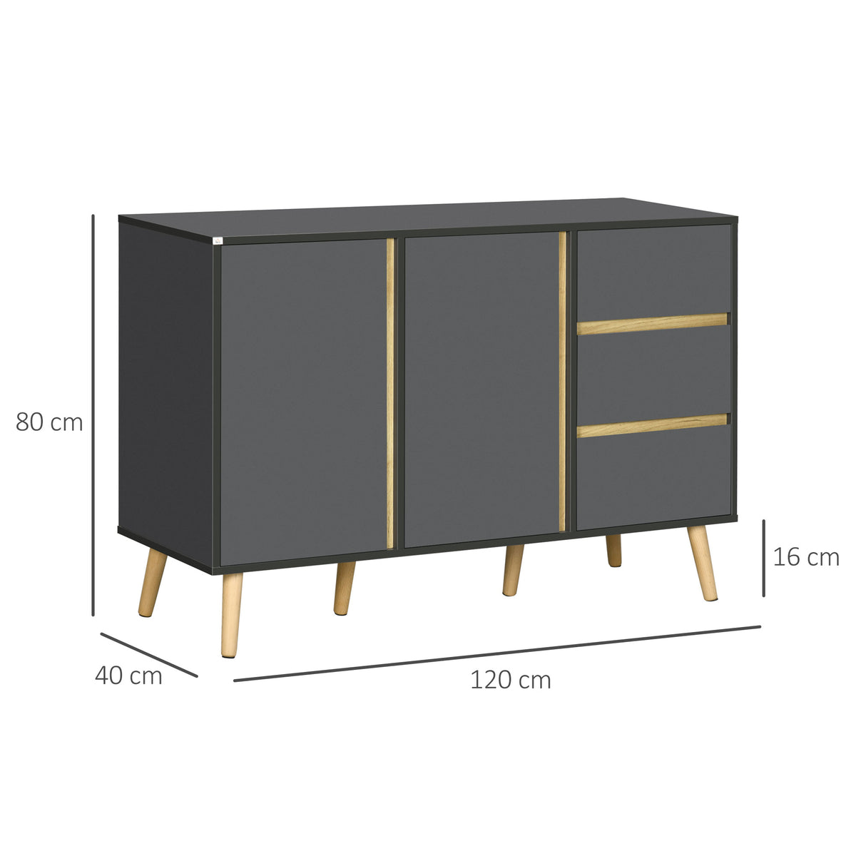 Buffet bas meuble de rangement sur pieds style scandinave 2 portes 3 tiroirs 120 x 40 x 80 cm gris anthracite