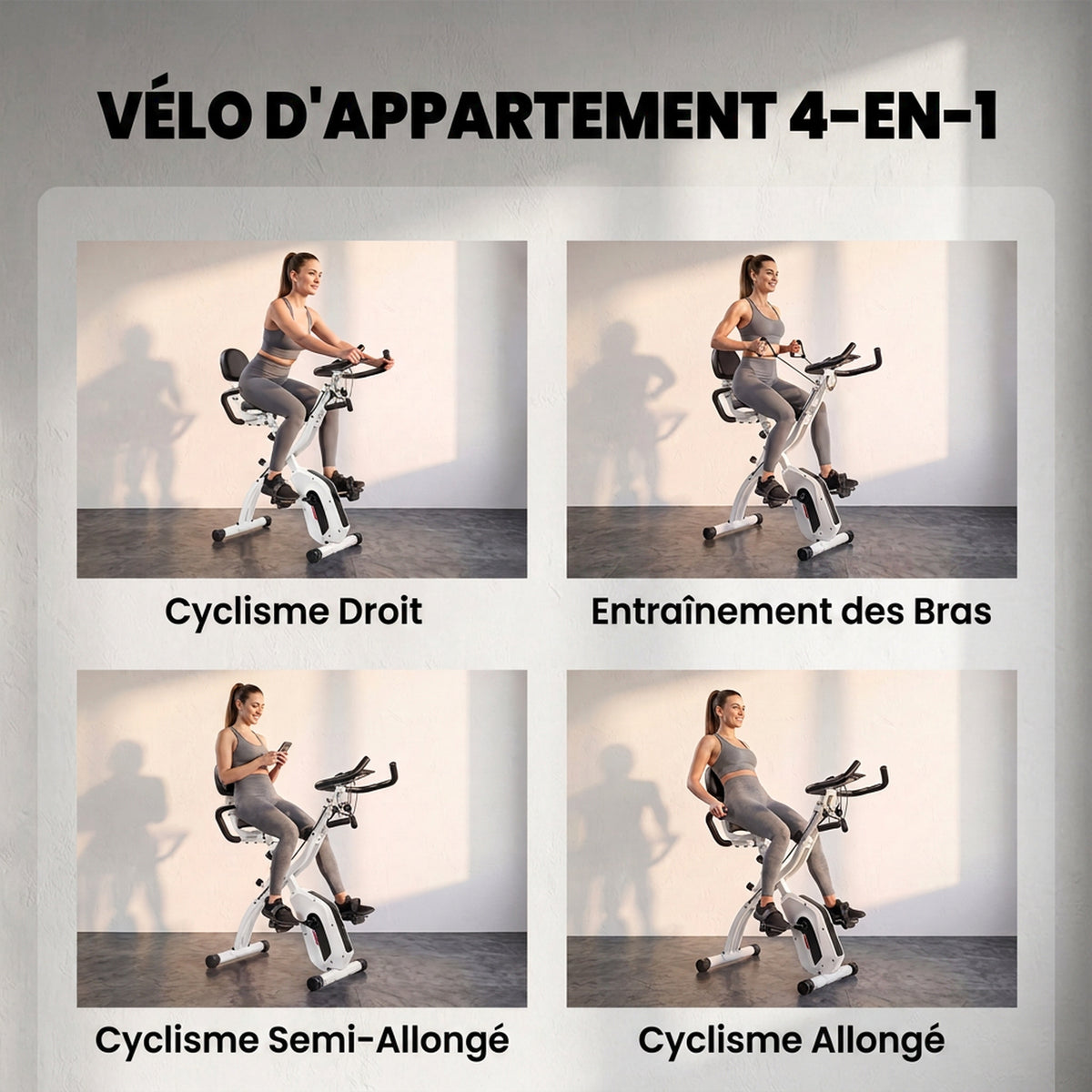 Vélo d'Appartement Pliable Vélo de Fitness 3 en 1 Silencieux Connecté Kinomap Bluetooth et Zwift 105x53,5x109cm Blanc