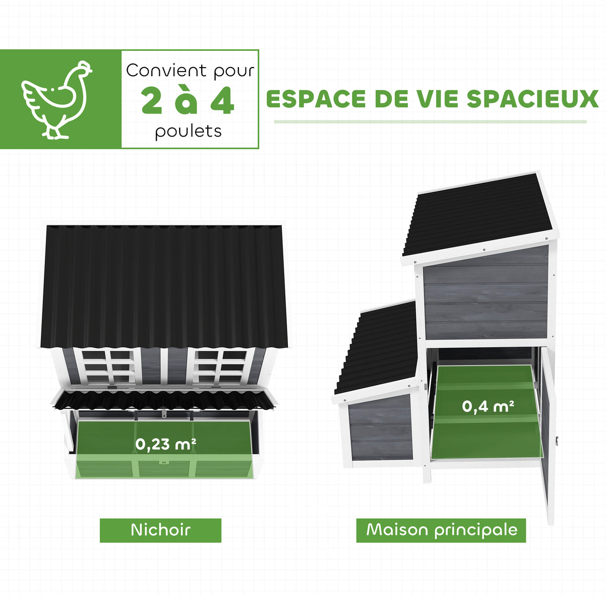 Poulailler en bois XL avec nichoir 3 compartiments tiroir amovible toit imperméable porte-rampe 100x86x100cm gris