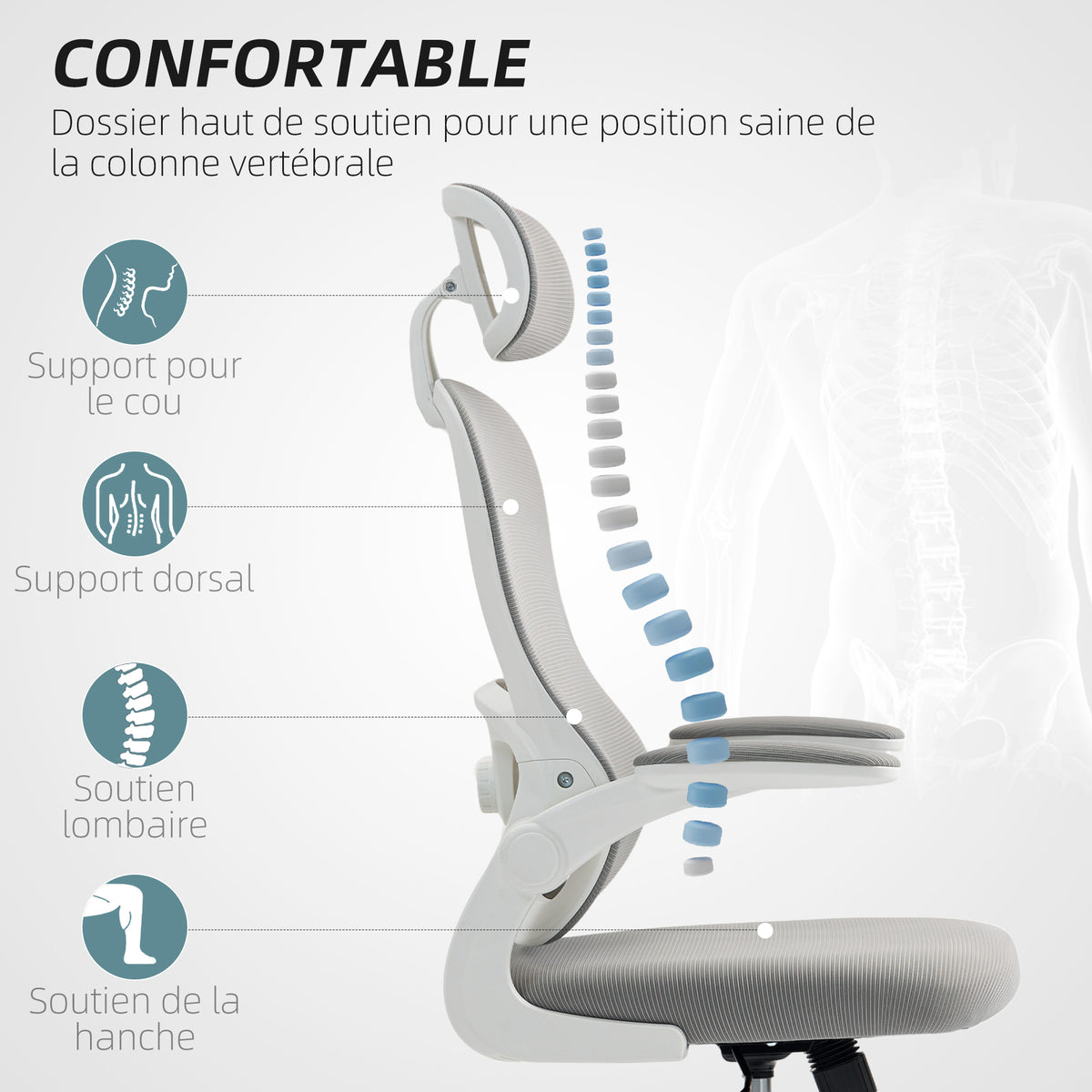 Chaise Bureau Ergonomique, Fauteuil de Bureau en Maille avec Accoudoirs Rabattables, Hauteur Réglable, 64x62x115cm, Gris