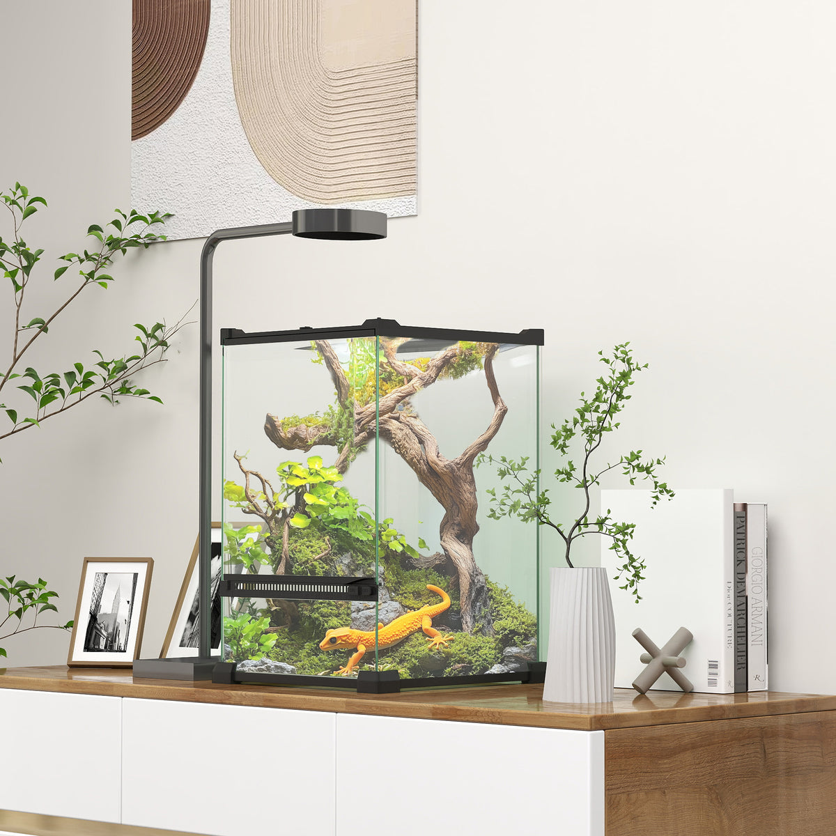 Terrarium en verre pour reptiles vivarium 12 L avec couvercle en treillis métallique, 20 x 20 x 30 cm, noir