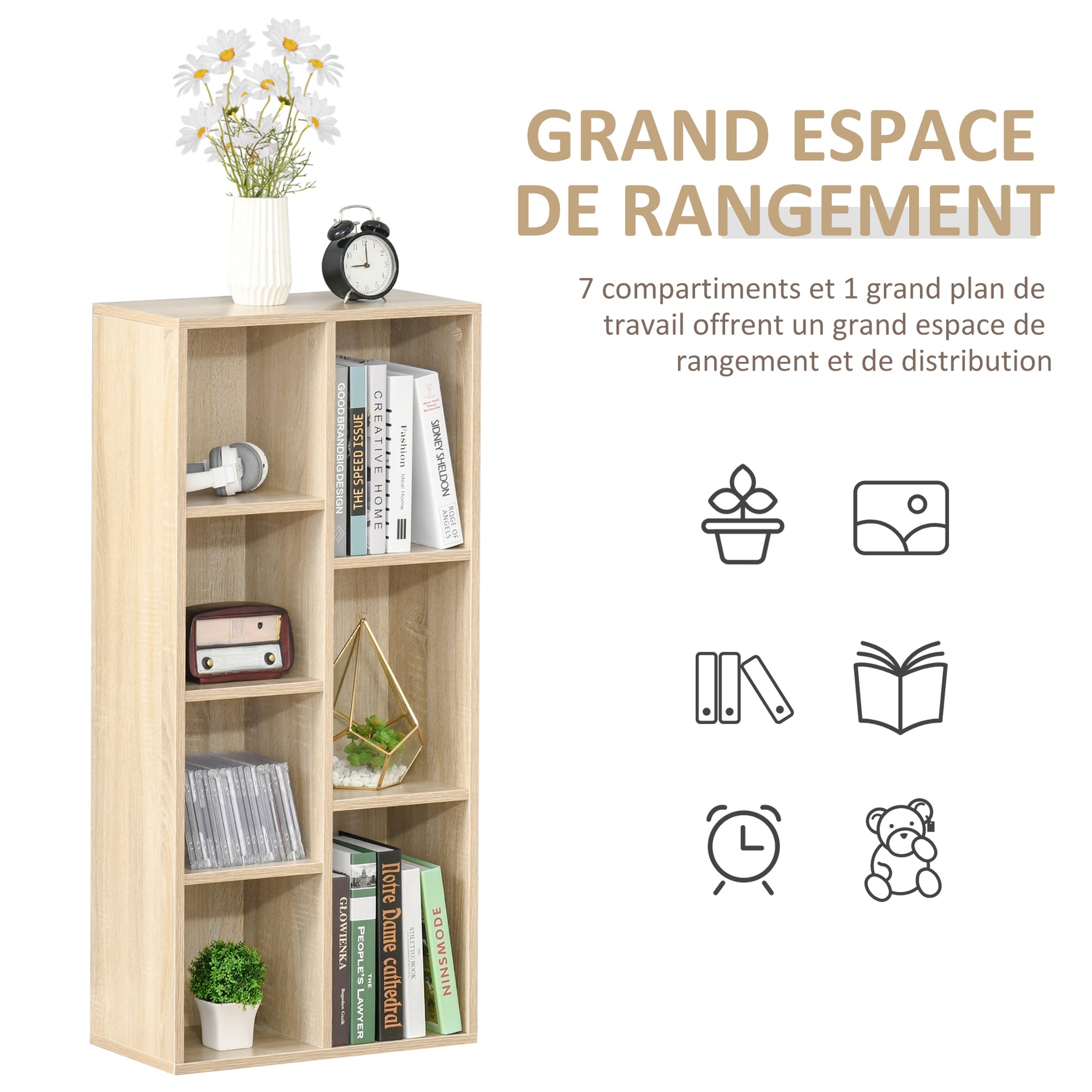 Meuble de rangement Bibliothèque étagère 7 cubes pour intérieur, salon, chambre - 50l x 24P x 106H cm, bois naturel