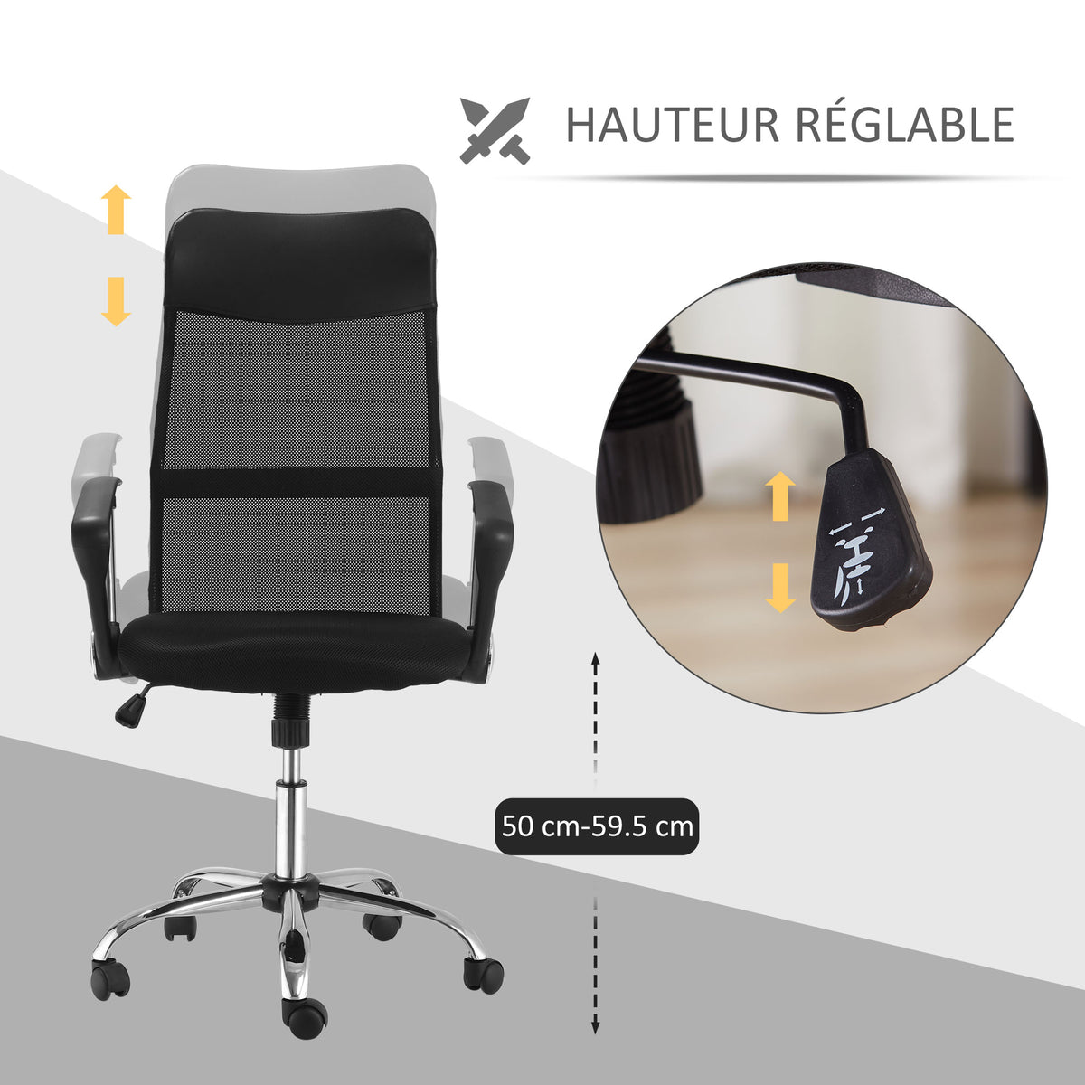 Lot de 2 fauteuils de bureau manager dossier ergonomique hauteur assise réglable pivotant tissu maille noir
