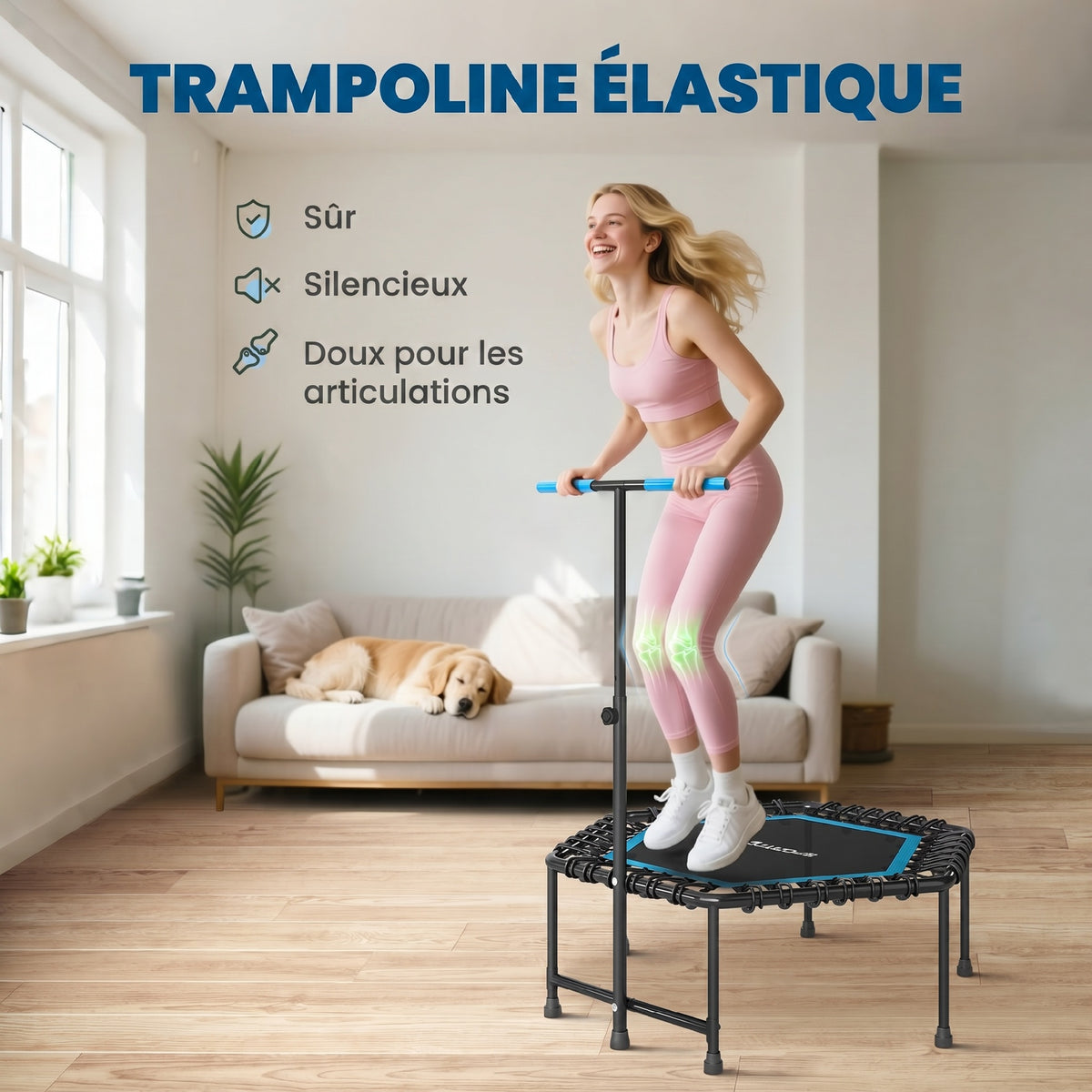 Trampoline de fitness 114 cm, cordes élastiques, poignée réglable 3 positions, trampoline d'exercice silencieux, bleu