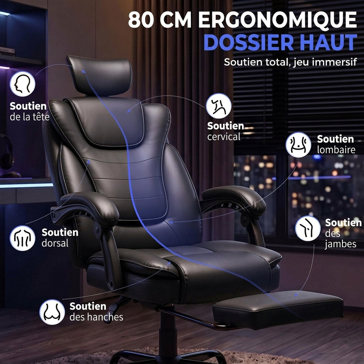 Silla Gaming Ergonómica, Sillón Gaming Reclinable de Piel Sintética, Altura Ajustable, Reposacabezas 2D, Negro