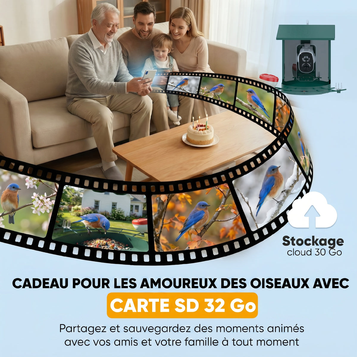 Mangeoire à Oiseaux avec Caméra 2K Solaire 2,5L 142°, Identification IA 16000+, App, IP65, SD 32 Go, 30x34,5x26,3cm Vert