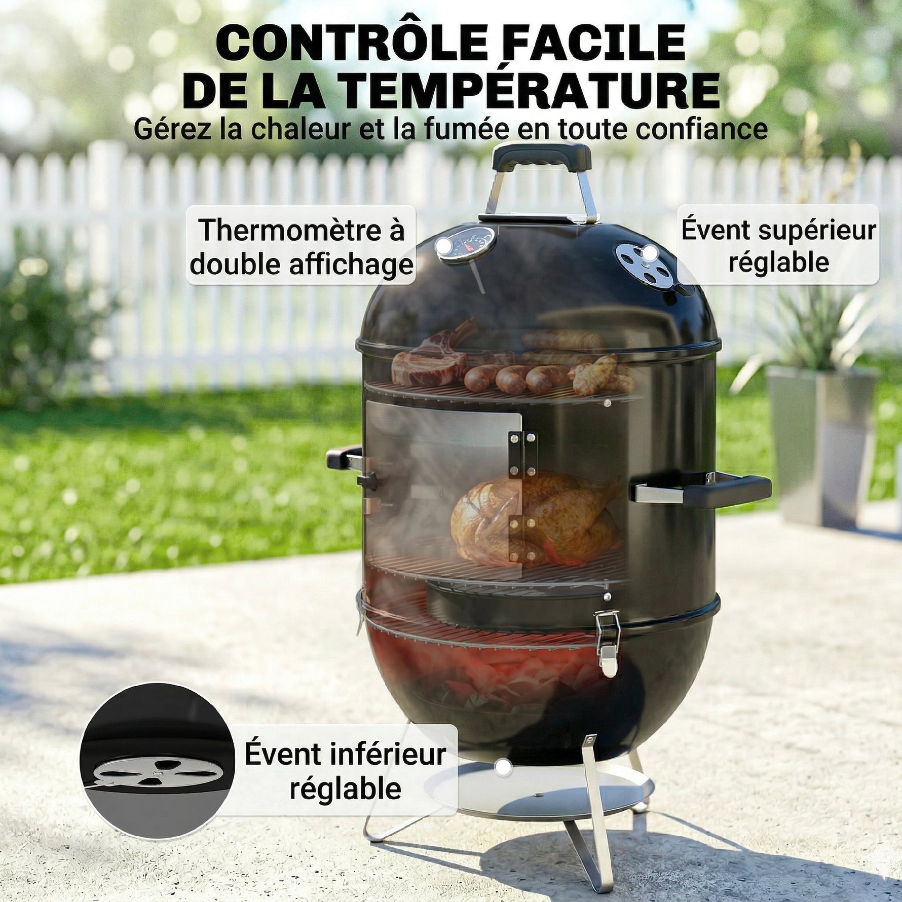 Fumoir 3 en 1 avec 3 Grilles de Cuisson, Thermomètre Intégré, Ventilation Réglable, 62,5x47,5x91cm, Noir