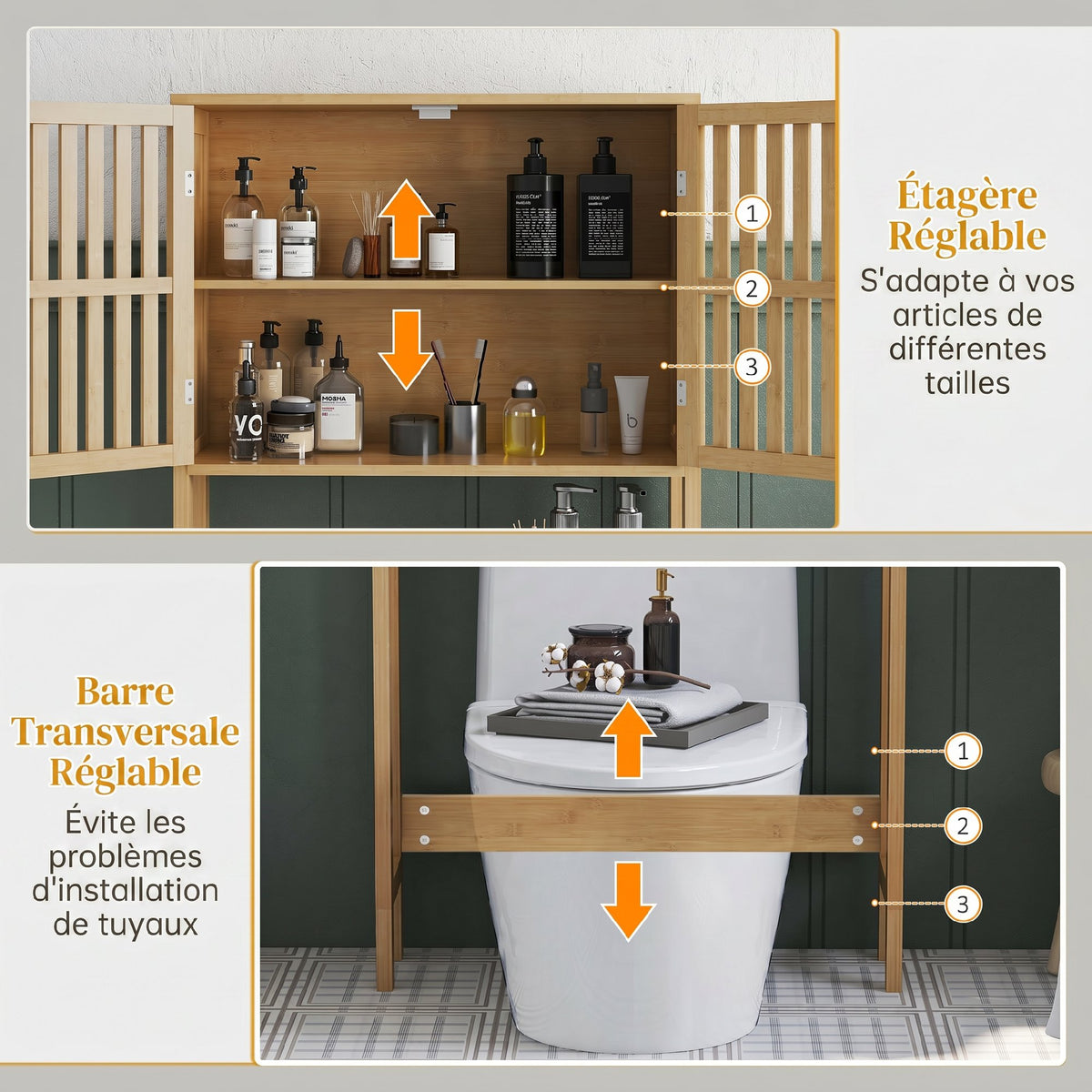 Étagère de toilettes meuble de salle de bain dessus toilette WC avec placard 2 portes et étagère ouverte bambou