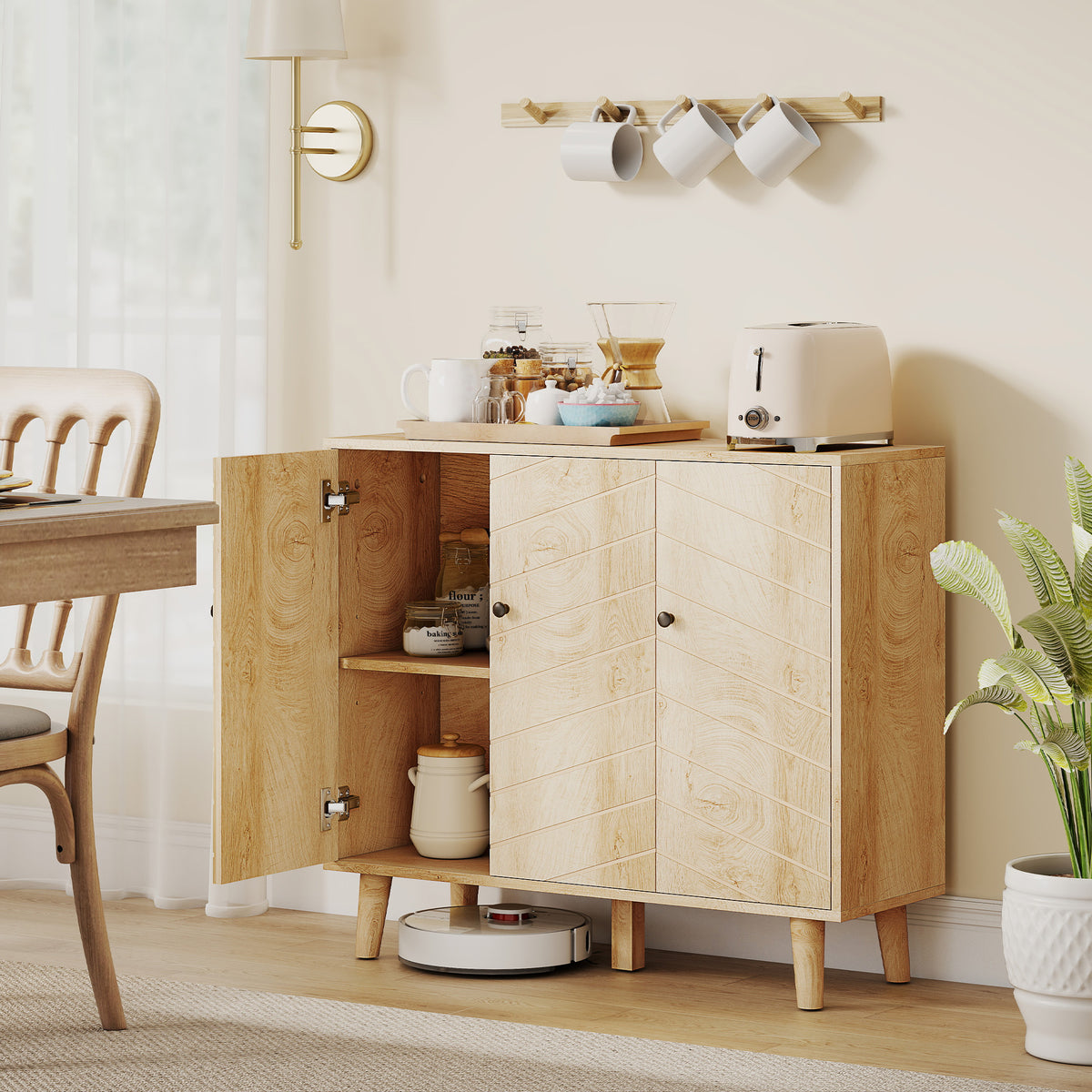 Buffet Cuisine, Meuble de Rangement avec 3 Portes à Motif Chevron et Pieds en Bois de Pin, 88,3x30x76cm, Bois Naturel-1