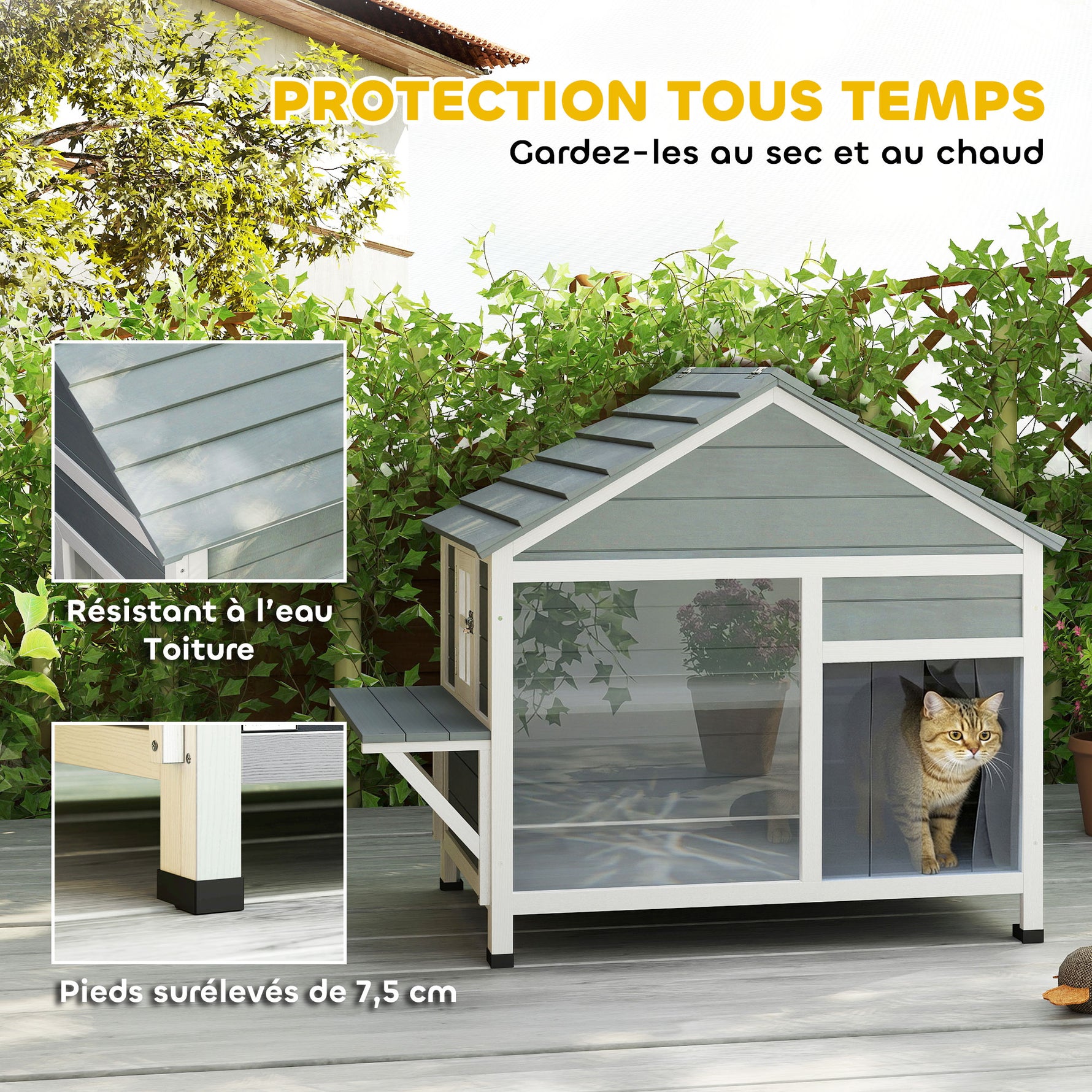 Maison pour Chat Extérieur Toit Ouvrant Fenêtre Panoramique Porte à Lamelles et Plateforme de Repos 101x72,5x81cm Gris
