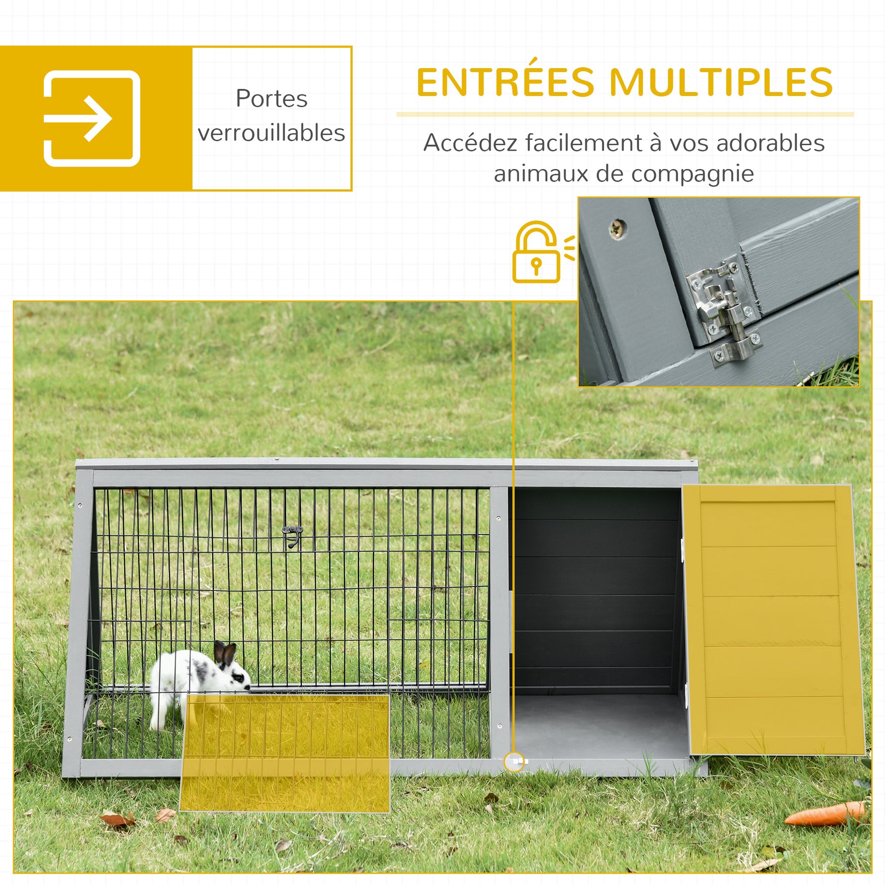 Clapier triangulaire de sol enclos extérieur niche double porte convient aux lapins poules tortue terrestre dim. 116L x 62,2l x 52,5H cm bois massif pin gris