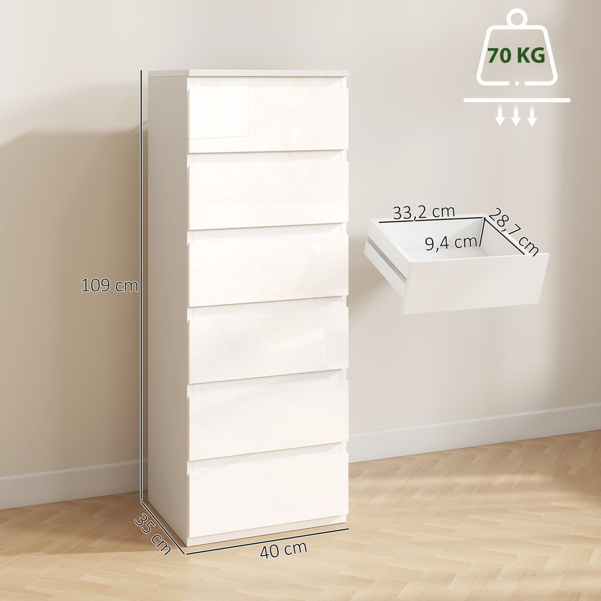 Cassettiera a 6 cassetti ad alta lucentezza, mobile contenitore stretto senza maniglie, 40 x 35 x 109 cm, bianco