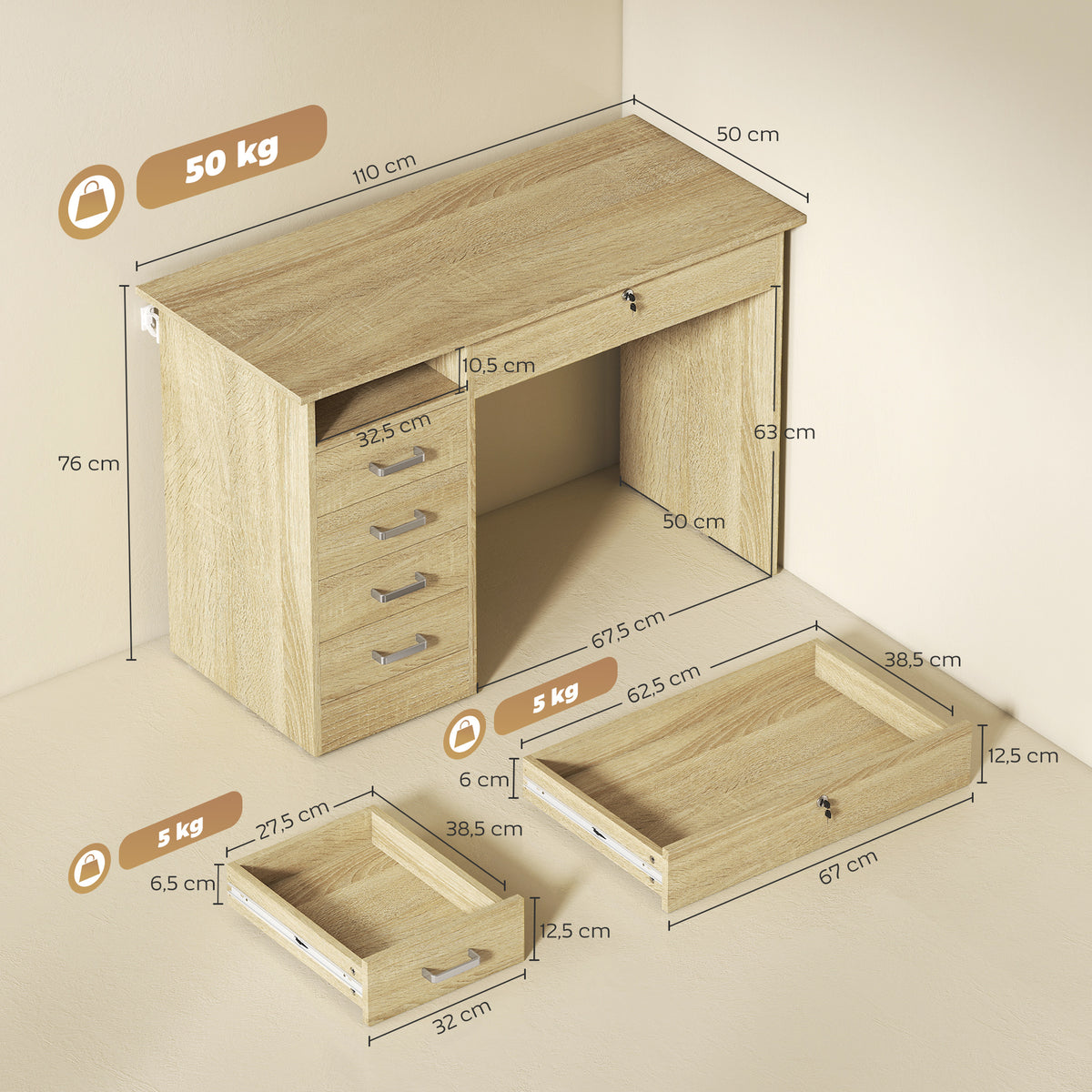 Bureau moderne avec 5 tiroirs, grand plateau, 1 compartiment ouvert, tiroir verrouillable, 110 x 50 x 76cm, chêne
