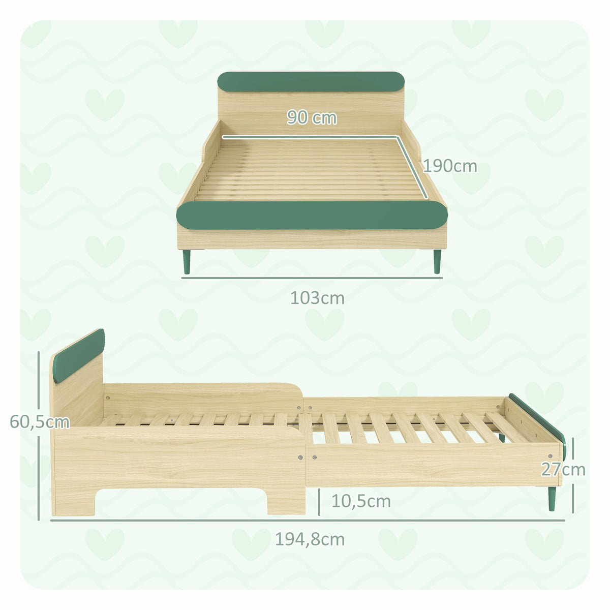 Cama infantil, cama de suelo para niños de 3 a 10 años con barrera de seguridad, somier de láminas incluido, verde