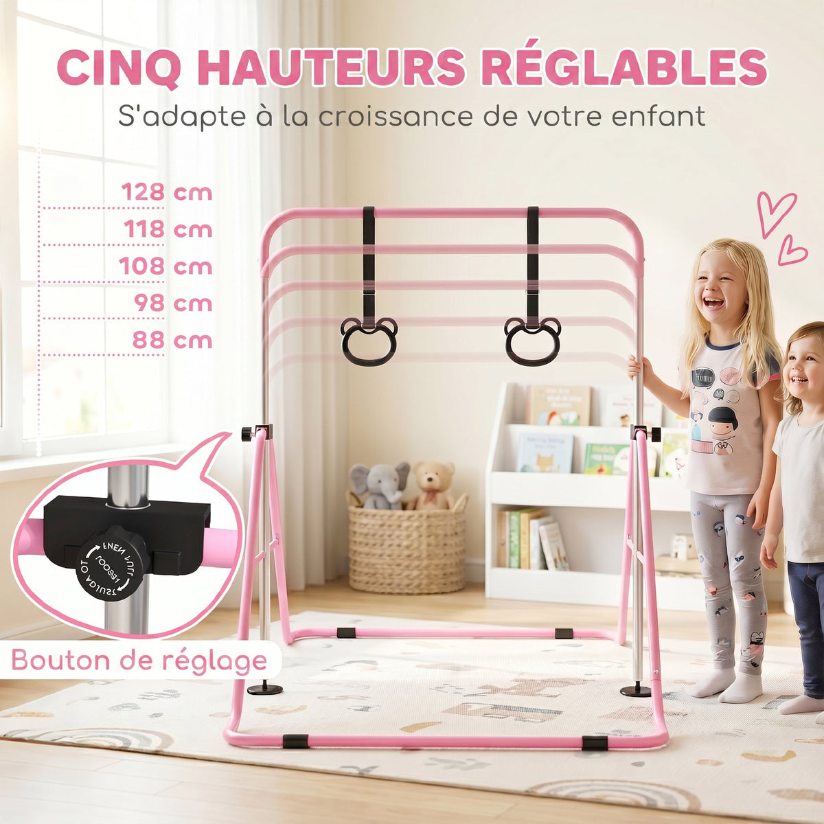 Barre de gymnastique pour enfants, barre horizontale pliable à hauteur réglable avec anneaux de gymnastique, rose
