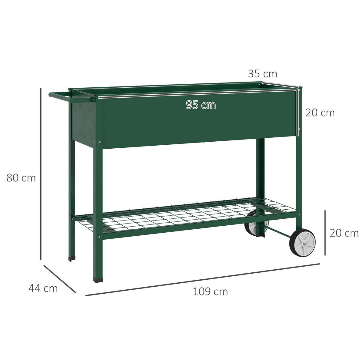 Jardinière sur Pieds Potager dim. 109L x 44l x 80H cm étagère 2 Roues + Insert d'irrigation métal Vert