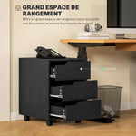 Caisson bureau mobile, meuble rangement bureau sur roulettes, 3 tiroirs, 40x50x57,5cm, noir
