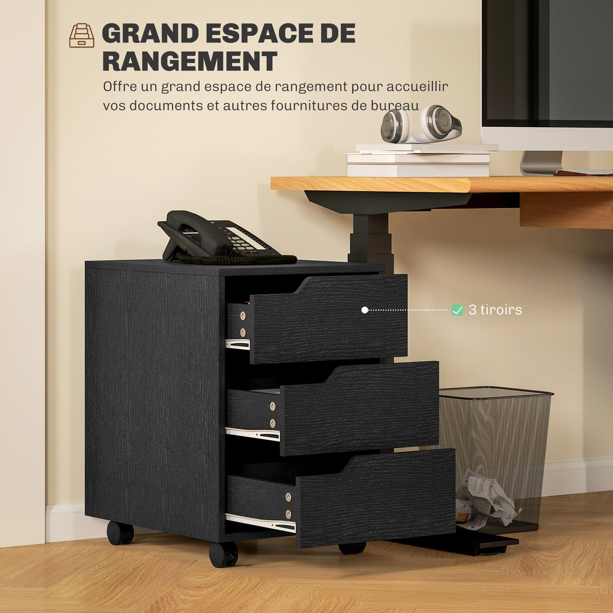 Caisson bureau mobile, meuble rangement bureau sur roulettes, 3 tiroirs, 40x50x57,5cm, noir