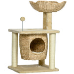 Tiragraffi per gatti in sisal naturale, 1 cuccia, cesta, pon-pon, peluche, giacinto d'acqua, 45 x 40 x 74 cm, beige