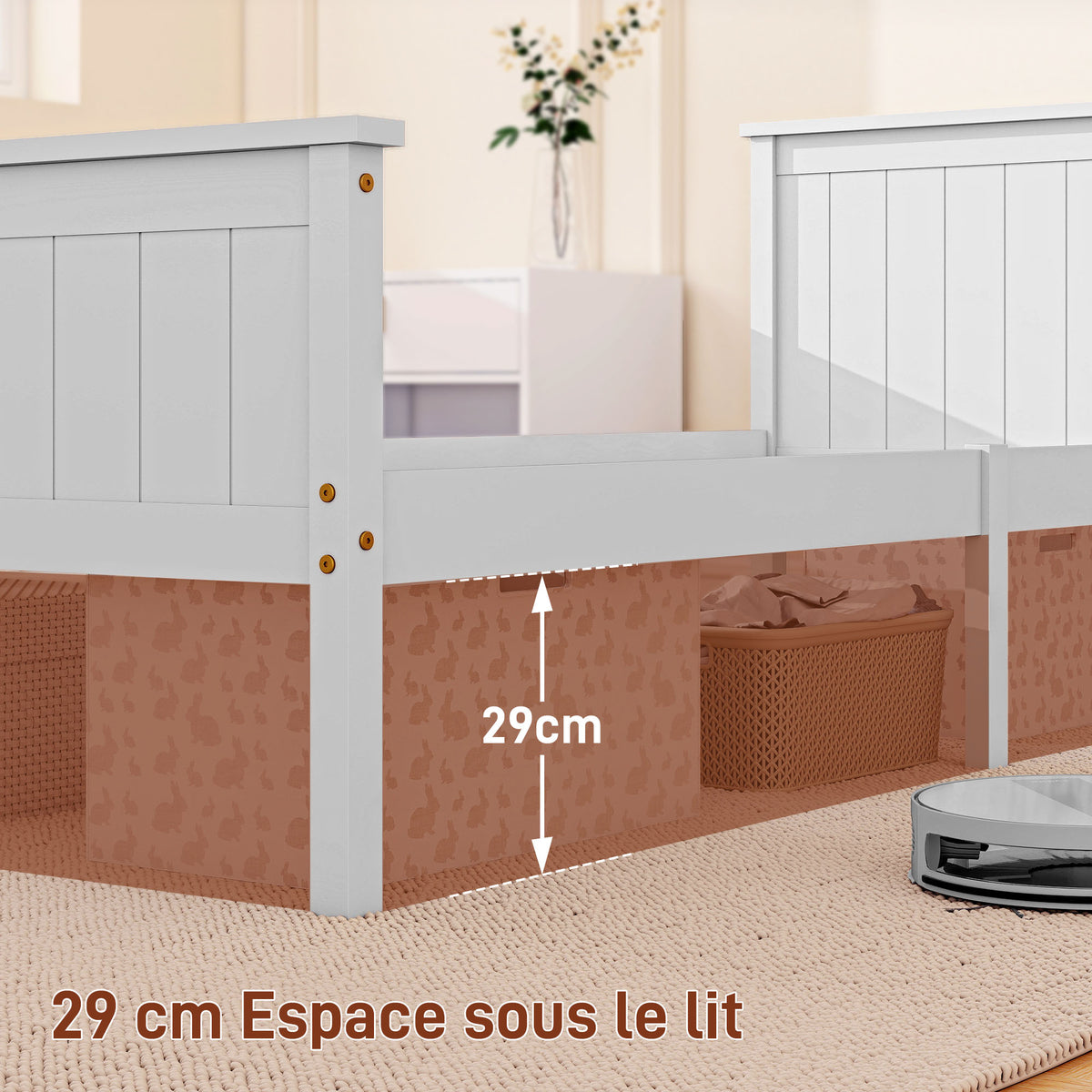 Cadre de lit 90 x 200 cm, lit simple en bois massif avec sommier à lattes tête et pied inclus, assemblage facile, blanc