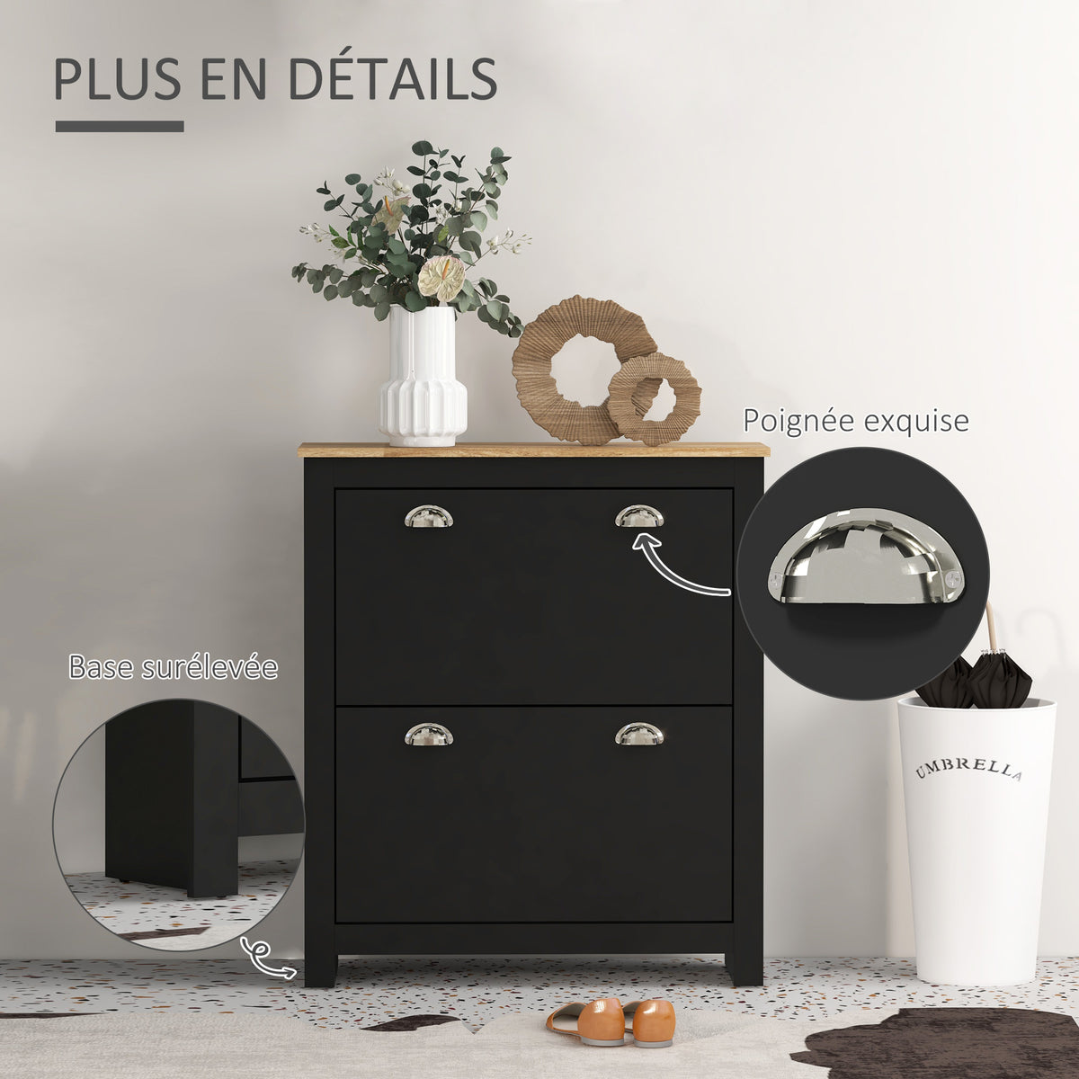 Armoire à chaussures 2 portes abattantes 2 compartiments poignées coquilles métal 79 x 23 x 90,5 cm noir chêne