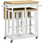 Ensemble table de bar pliable roulettes + 2 tabourets blanc et bois clair - 2 tiroirs et porte-torchons