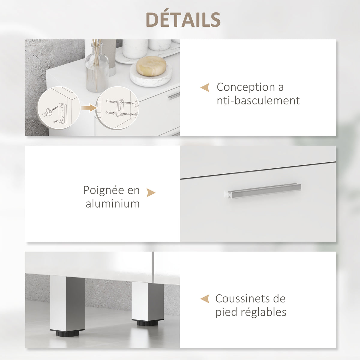 Mobile bagno con 2 cassetti, armadietto a doppia anta e ripiani regolabili 60 x 30 x 93 cm bianco lucido