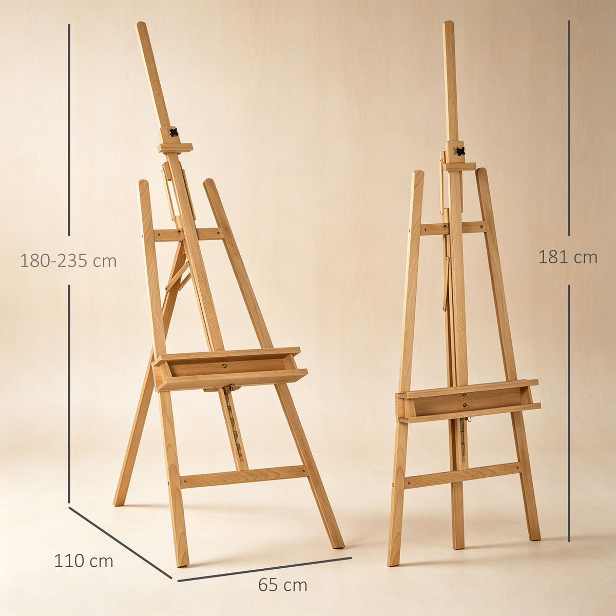 Klappbare Malerstaffelei aus Buchenholz mit verstellbarer Höhe und Neigung, 65x110x180-235 cm, naturholzfarben