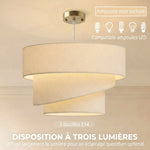 Suspension Luminaire à 3 Abat-Jour Effet Lin, Ampoule Non Incluse E14 40 W, Câble Réglable, Rosace Dorée, Beige