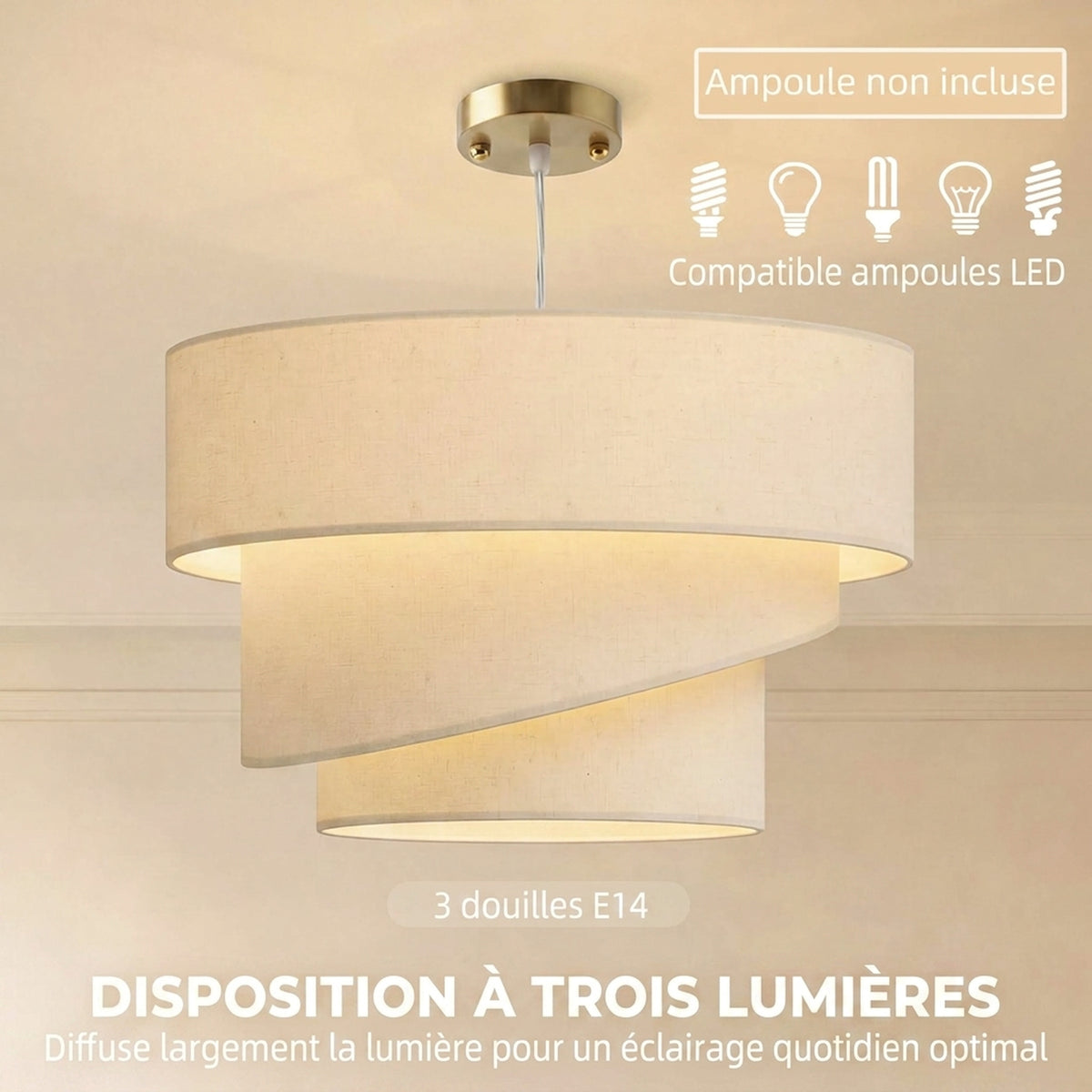 Suspension Luminaire à 3 Abat-Jour Effet Lin, Ampoule Non Incluse E14 40 W, Câble Réglable, Rosace Dorée, Beige