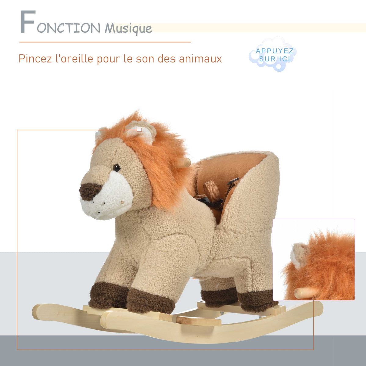 Cheval à Bascule modèle Lion Fonction Musicale Selle Grand Confort Peluche Courte Douce Pour Enfants 18-36 Mois Bois peuplier Marron dim. 68L x 35l x 50H cm