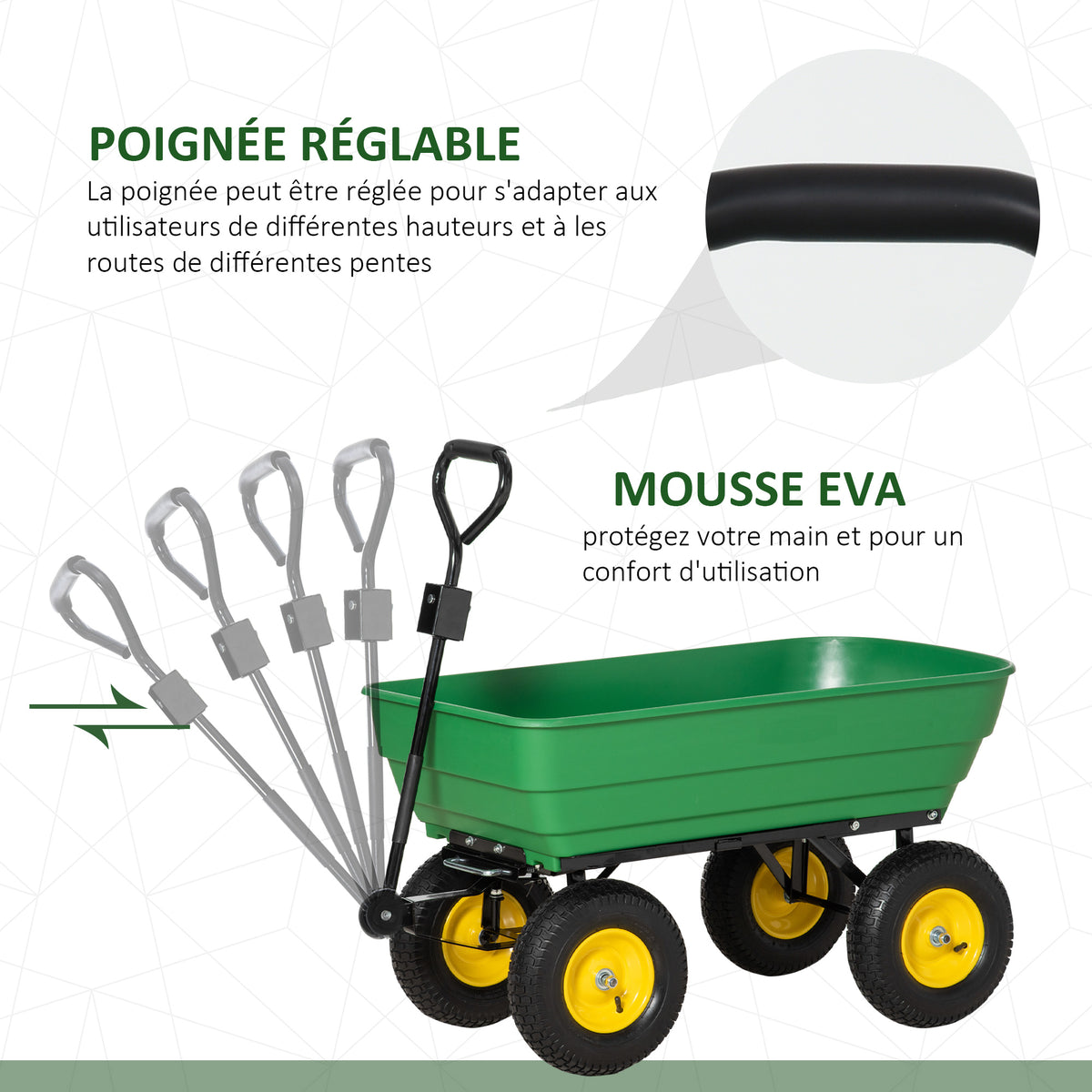 Garten-Handwagen Kippmulde 75° 125L Max. Traglast 200 Kg 4 Luftreifen Stahl PP Gelb Grün