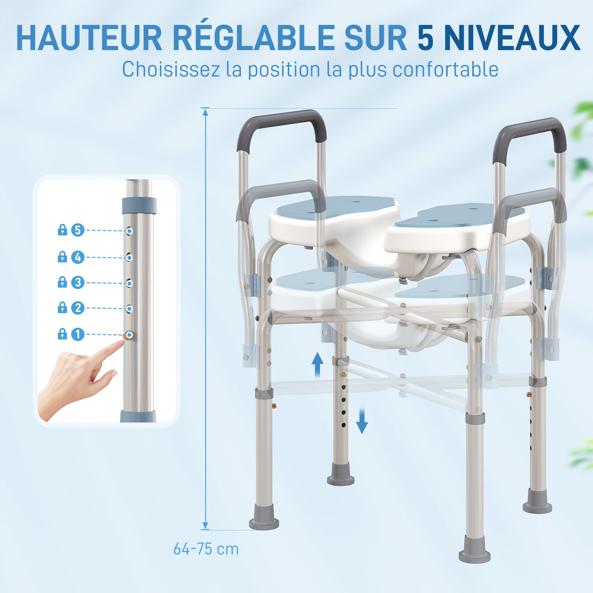 Chaise de douche avec accoudoirs siège de douche en forme U hauteur réglable anti-dérapant 53 x 36 x 64-75 cm bleu clair