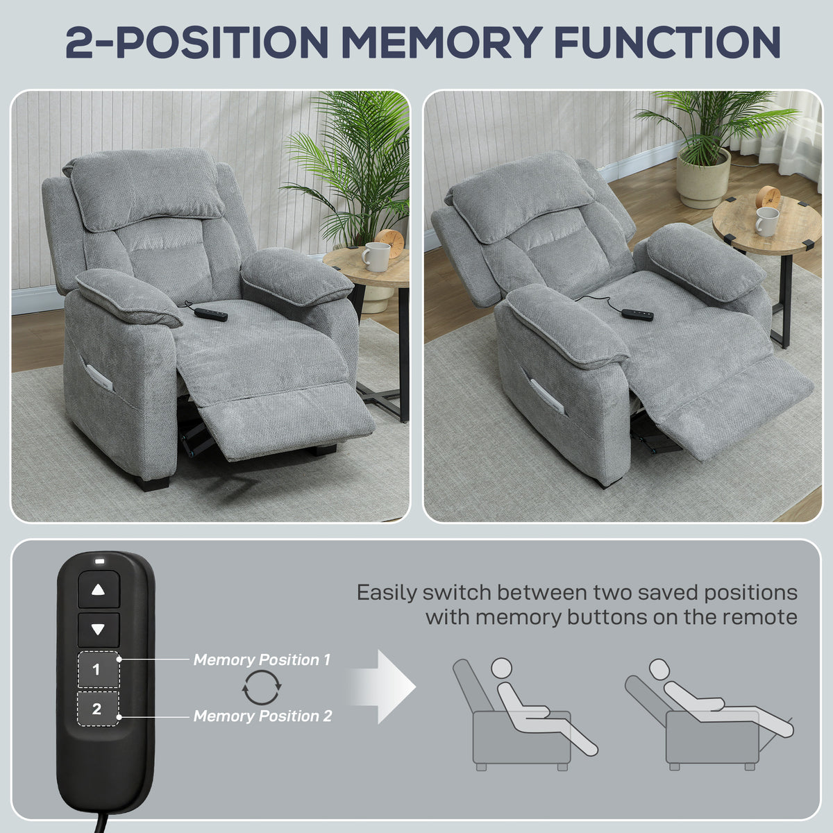 Sillón relax eléctrico, sillón reclinable, puerto USB, reposapiés, bolsillos laterales, mando a distancia, 86x90x103cm, gris claro