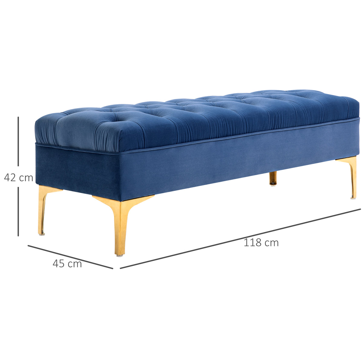 Panca imbottita capitonné fondo letto stile classico chic 118L x 45p x 42A cm gambe in metallo dorato velluto blu