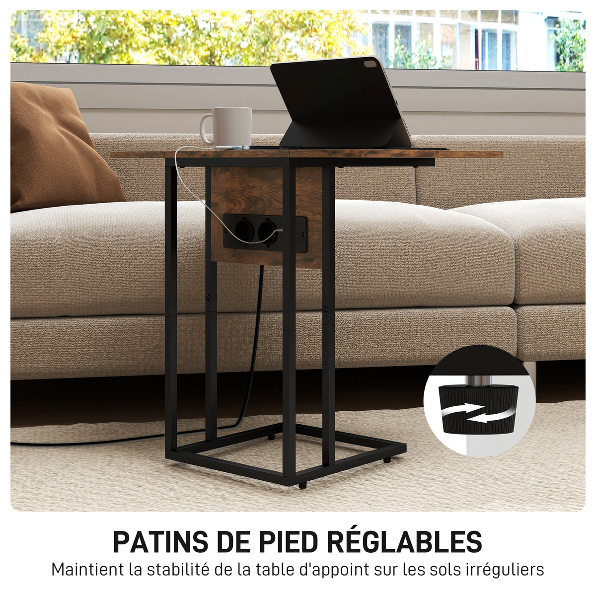 Table d'appoint bout de canapé avec station de charge, plateau pliable, 39 x 29 x 57 cm, brun rustique et noir
