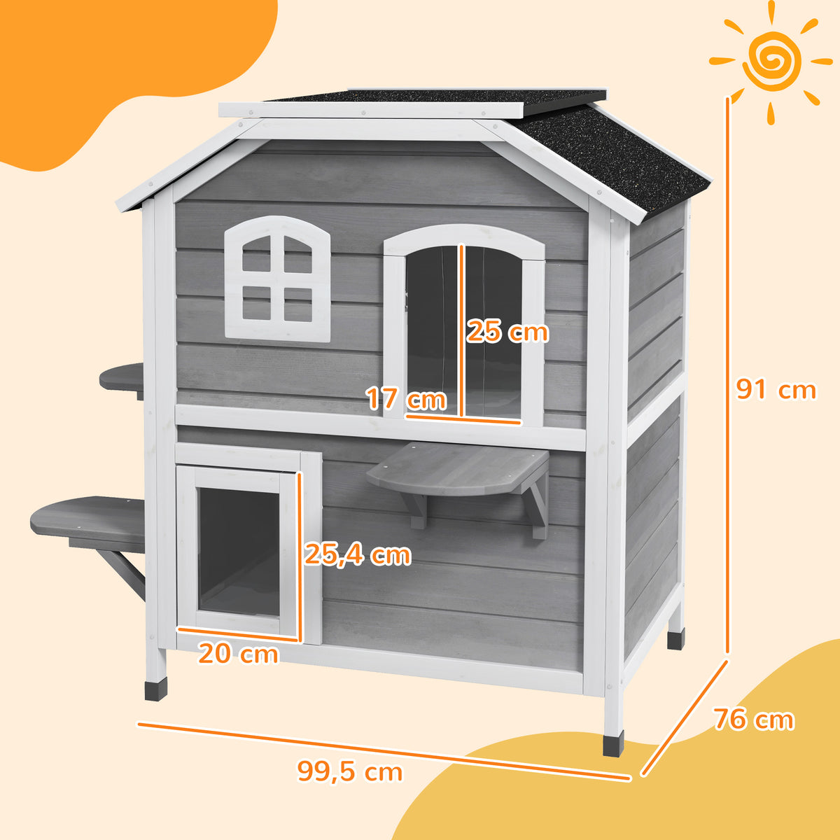 Maison Extérieur pour Chat Abri Extérieur en Bois pour Chats Errants 2 Étages Toit Ouvrant Bitumé 99,5x76x91cm Gris