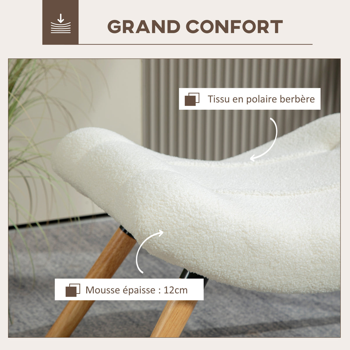Repose pied salon ottoman pouf salon tabouret de canapé en tissu avec pieds en bois de hêtre, siège rembourré, crème