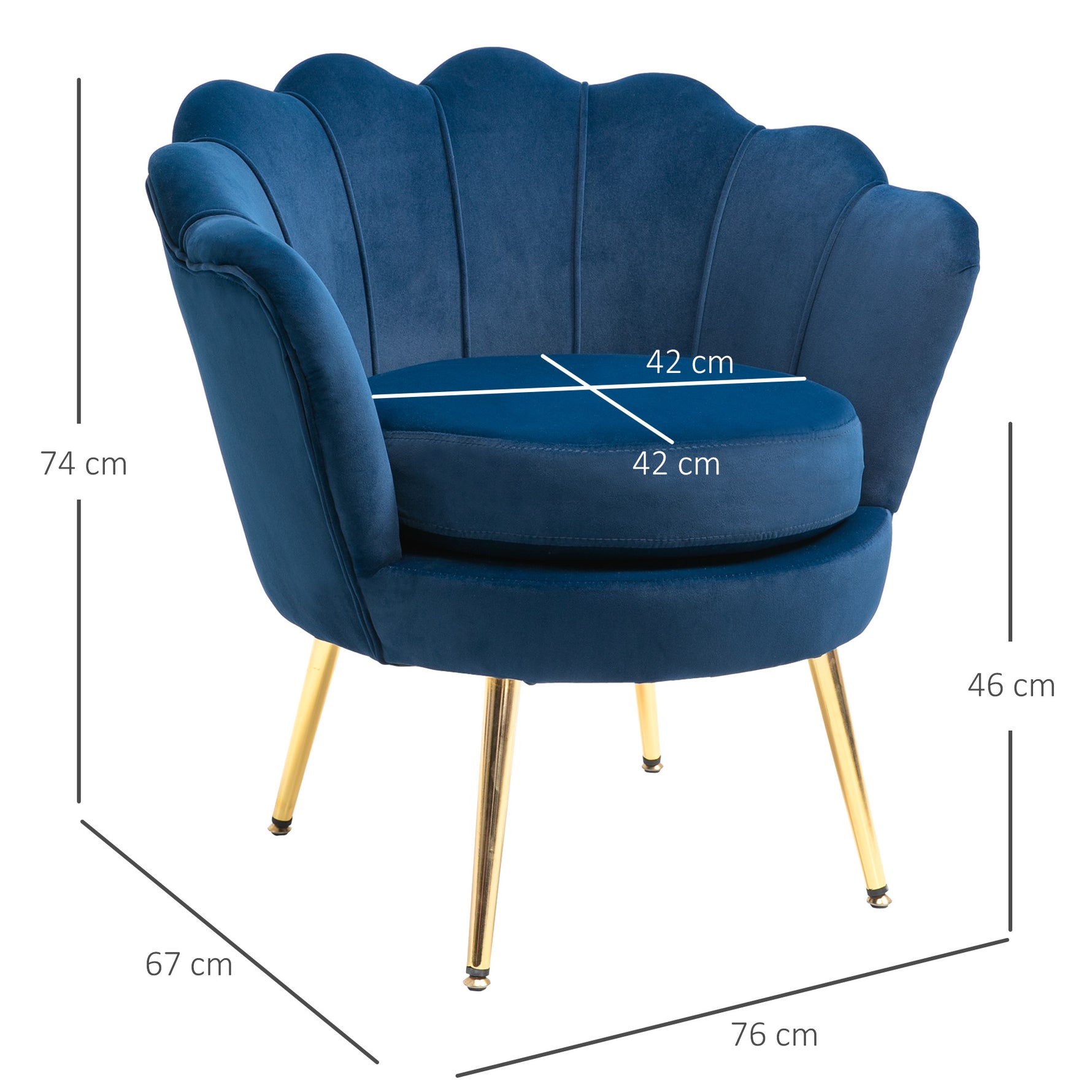 Fauteuil salon fauteuil en velours fauteuil coquillage avec pieds en métal doré pour chambre à coucher, bleu