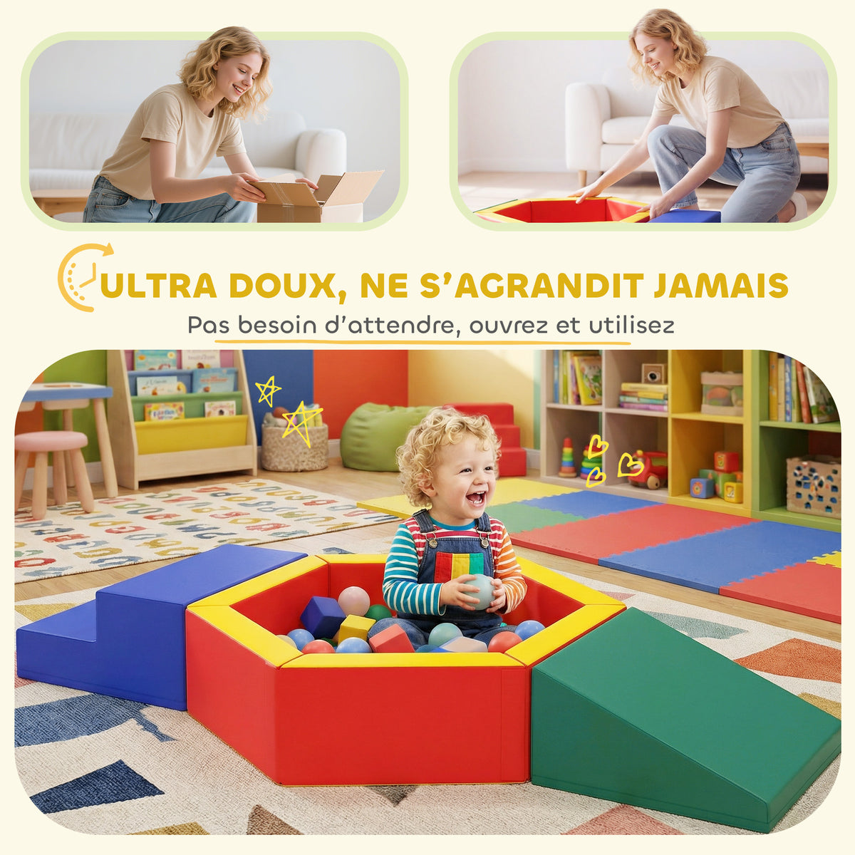 Parcours motricité bébé en mousse EPE avec piscine à balles, module motricité bébé avec housse en PU, multicolore